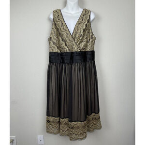 R&M Richards Woman Dress 16W Black Gold V-Neck Party‎ Formal Chiffon Overlay